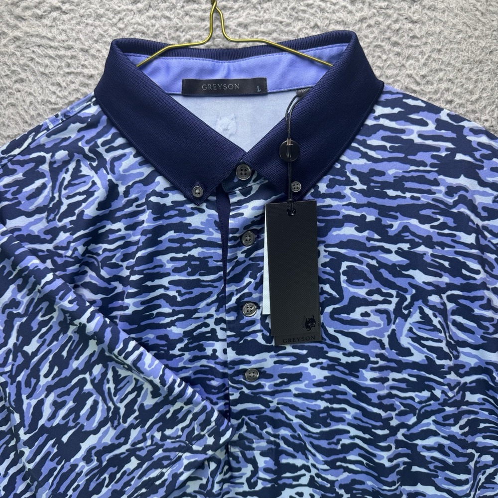 Greyson Golf Polo Shirt Mens Large Blue Stalking Wolf Camo Short Sleeve NWT $130 - Picture 2 of 14